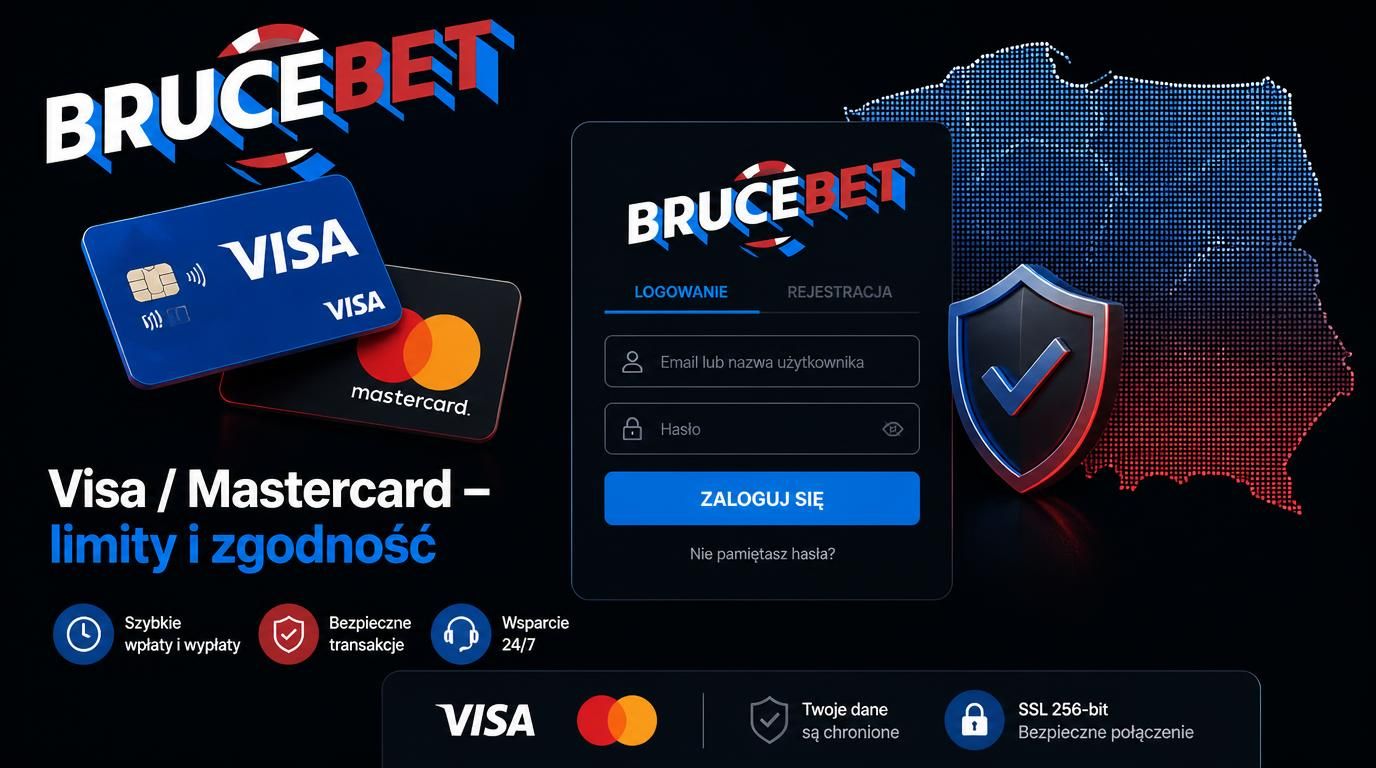 Ikona Visa i Mastercard obok ekranu kasyna z mapą Polski i symbolem bezpieczeństwa