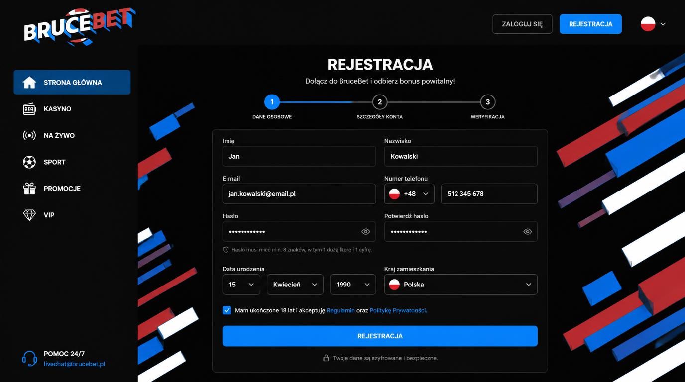 interfejs formularza rejestracji Bruce Bet z polskim tekstem
