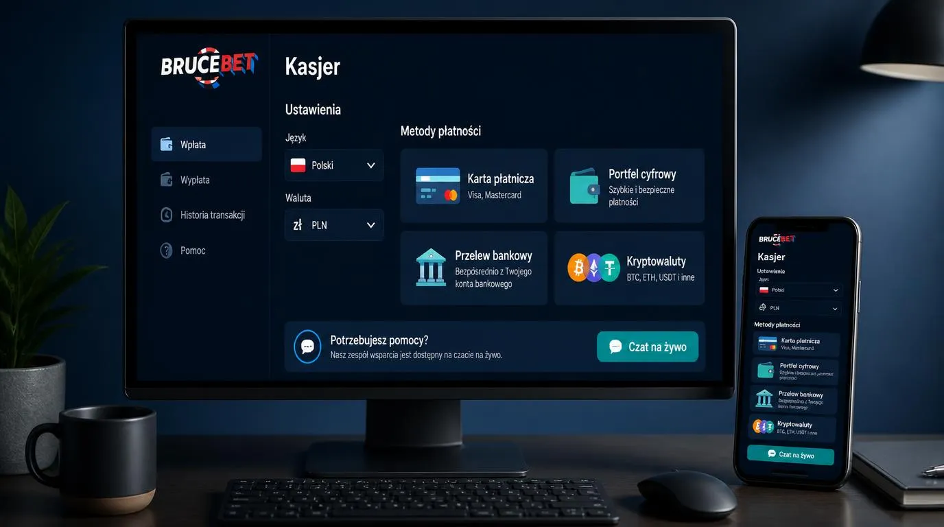 Ekran kasy z wyborem języka polskiego, waluty PLN i metod płatności oraz oknem czatu