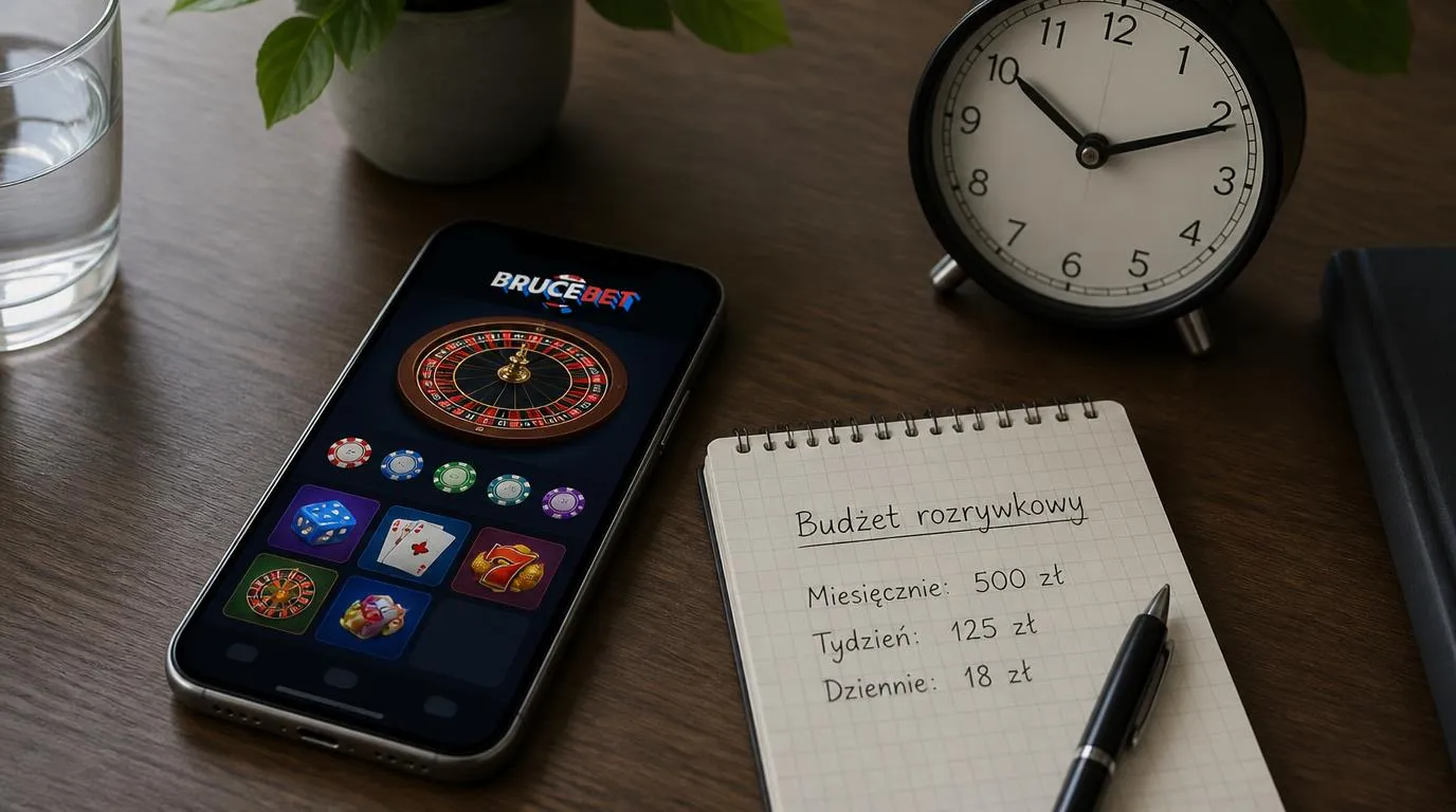 Telefon z neutralnym ekranem gry obok zegara i notesu z zapisanym budżetem