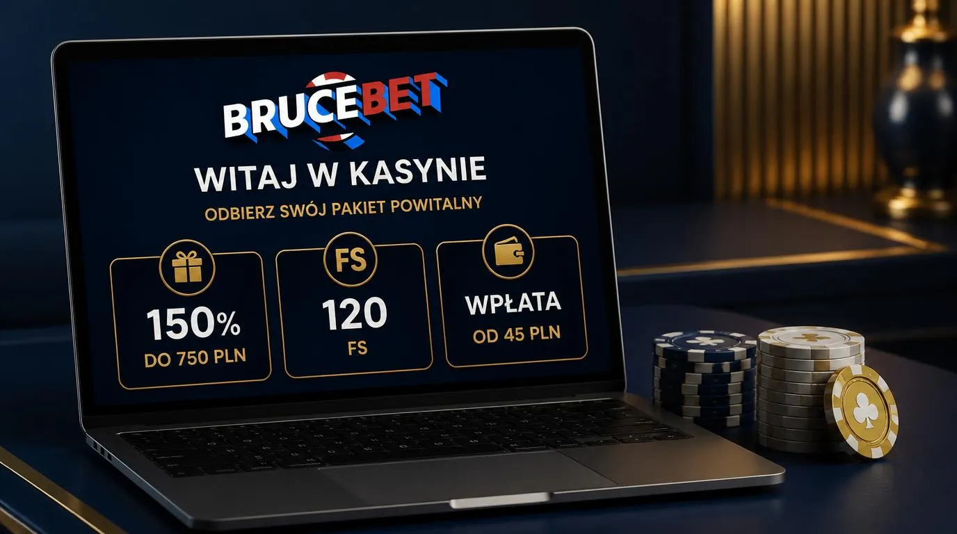 Ekran promocji kasyna z ofertą 150% do 750 PLN, 120 spinami i minimalną wpłatą 45 PLN